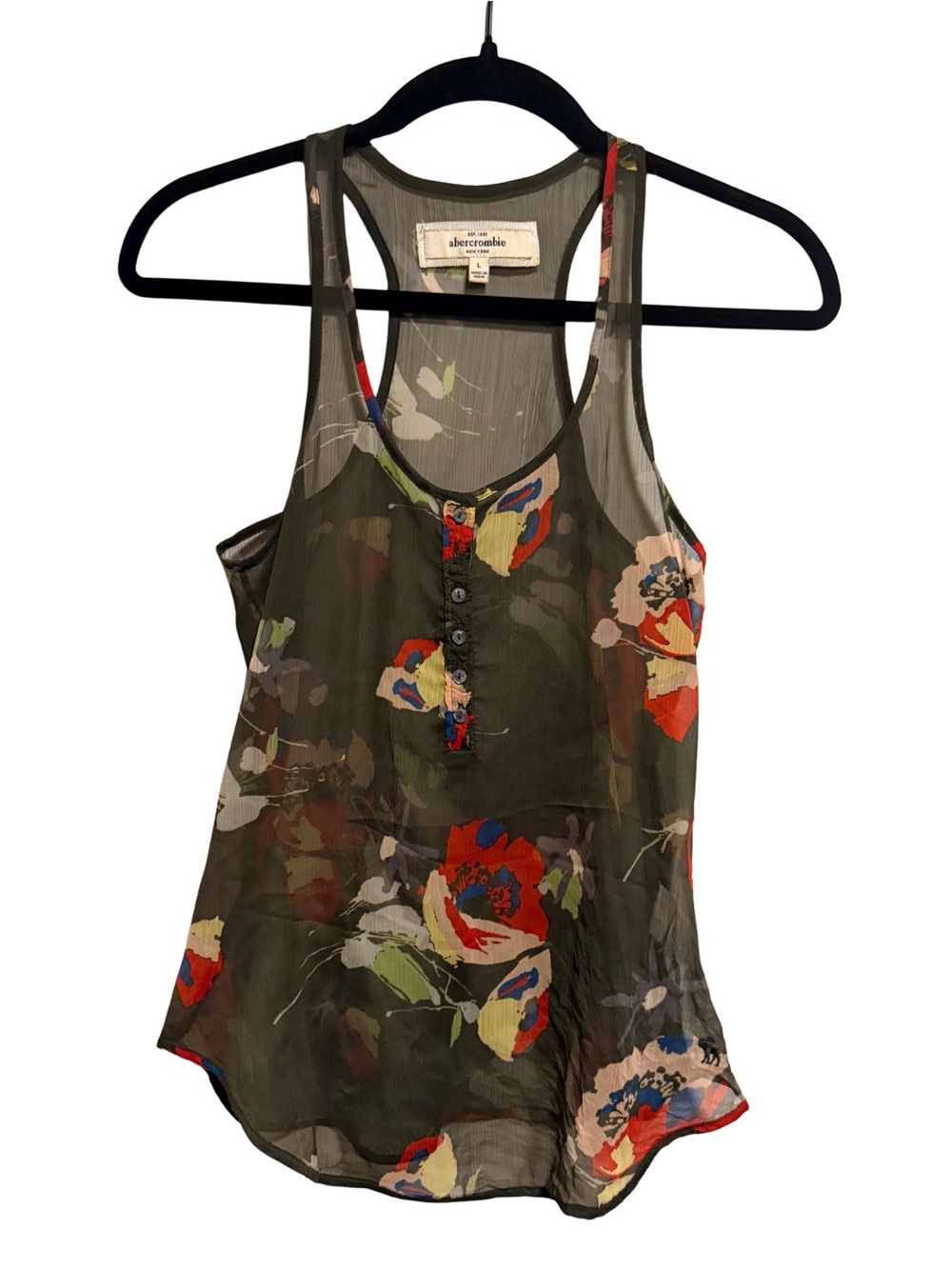 Abercrombie & Fitch Olive Green Floral Henley Racerback Tank